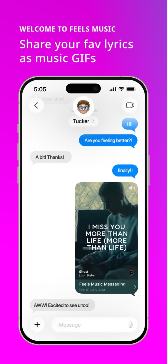Feels Music Messaging shown inside an iMessage conversation