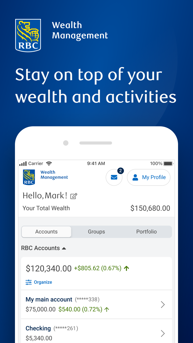 RBC Wealth Management mobile dashboard from the App Store