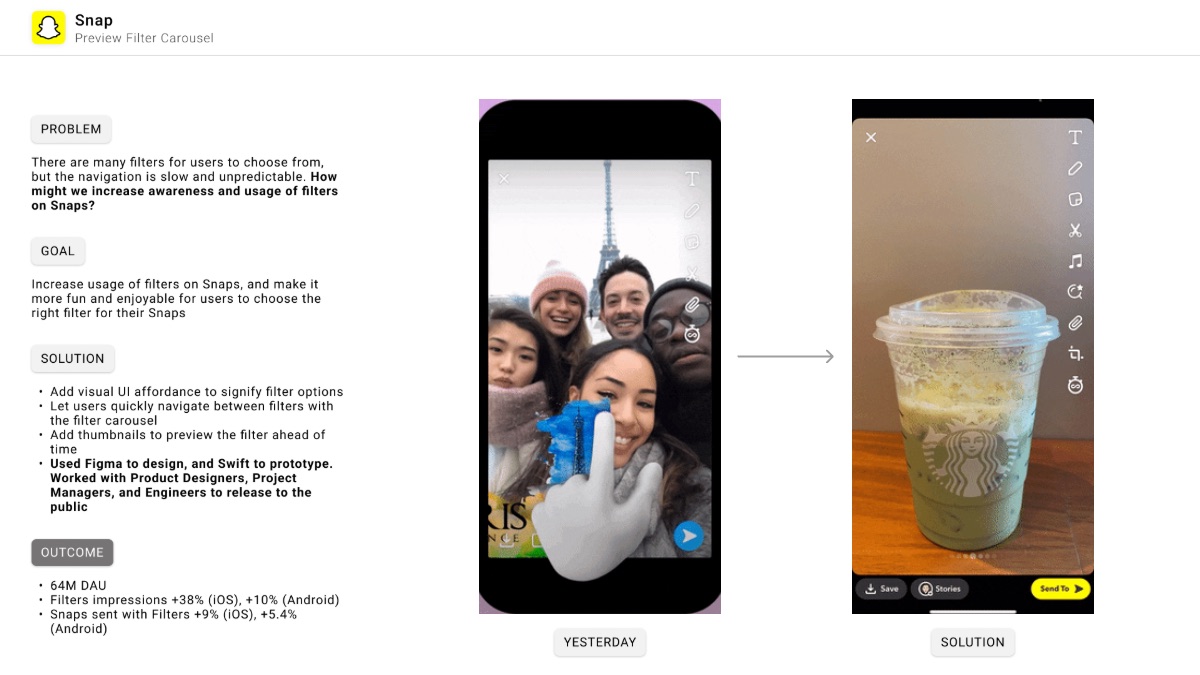 Preview Filter Carousel case study showing the problem, prototype, and shipped result